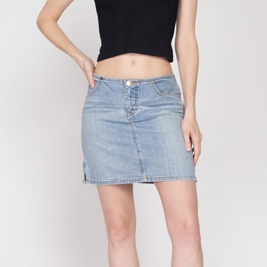 Small Y2K Low Rise Jean Mini Skirt | Vintage Faded Light Wash Denim A Line No Waist Miniskirt 