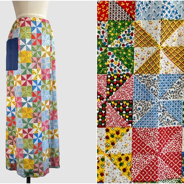 PATCH IT UP Vintage 70s Patchwork Print Skirt | 1970s Maxi Wrap Around Novelty Print Skirt | 60s 1960s Cottagecore Hippie Boho | Size Small 