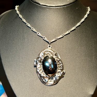 Vintage Hematite Pendant Necklace Silver Tone Ornate Retro Estate Jewelry Gift 
