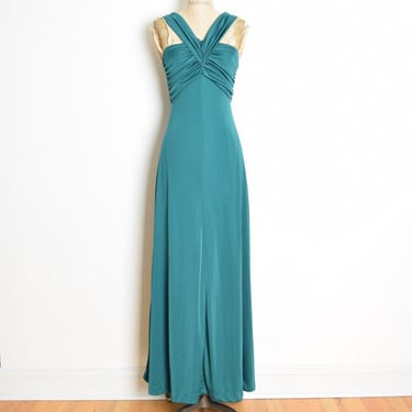 vintage 70s dress teal disco goddess prom party Grecian long maxi XS ruched 