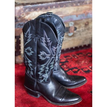 Vintage Wrangler Cowgirl Boots - Black Leather - Blue, White Stitching - Made in U.S.A. - Mid-Rise Western Boot 