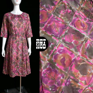 Gorgeous Vintage 50s 60s Dusty Brown & Pink Patterned Fit and Flare Dress with Rhinestone Neck Bow 