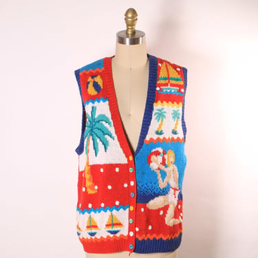 1980s Novelty Hand Knit Pin up Beach Scene Sleeveless Sweater Vest by Marisa Christina -M 