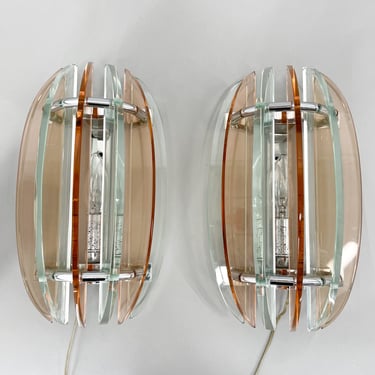 Pair of Italian Murano Glass & Chrome Sconces by Veca, Marked / Mid Century Wall Lamps / Set of Two Vintage Wall Lights / Italian Design 