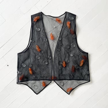 1990s Black Mesh Fish Vest – Sheer Nylon Tank with Plastic Goldfish & Pebble Accents, M/L Vintage 
