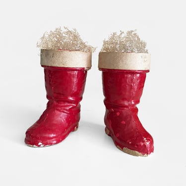 Pair of Paper Mache Santa Boot Candy Containers Holders 