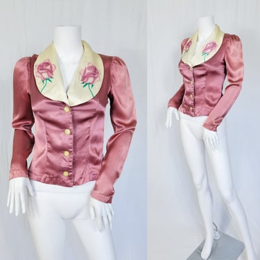 1970's Pink Mauve Satin Air Brushed Rose Print Button Down Blouse I Sz Sm I Top I Shirt 