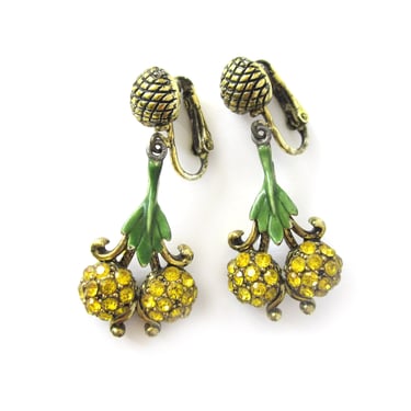 Dangling Hollycraft Rhinestone Earrings with Yellow Rhinestones and Green Enamel Leaf, Glamour Girl, Sparkly Rhinestones, Clip on Earrings 