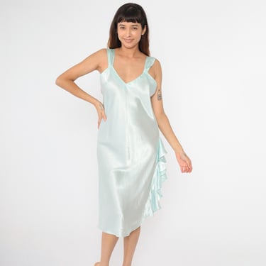 Vintage Victoria's Secret Nightgown Ice Blue Satin Slip Dress Y2K Ruffled Side Slit Midi Lingerie 00s V Neck Tank Strap Large L 