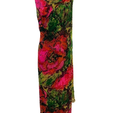1960s Unlabeled Jewel Tone Floral Chiffon Sheath Gown