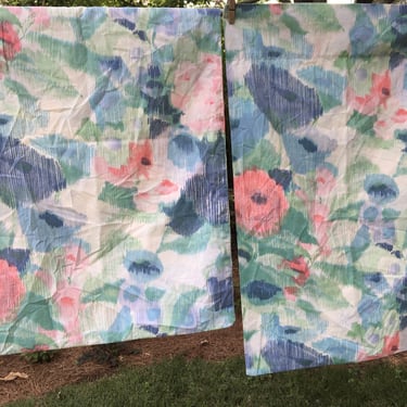 Vintage Floral Pillowcases, Blue Pink Green Poppy Flowers, Cannon Royal Family, Set Of 2, Standard Size, 50 Polyester, 50 Cotton 