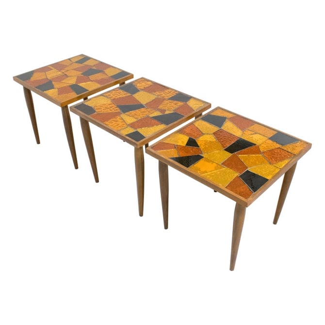 Mid-Century Modern Georges Briard Mosaic Glass and Wood Table Set, a trio