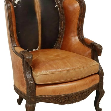 Armchair, Wingback, Cowhide & Leather, Nailhead Trim, Large, Carved Lyre Crest!