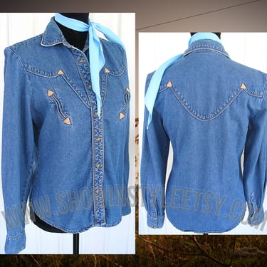 Vintage Retro Western Women's Cowgirl Shirt Jacket by RoughRider, Rodeo Queen Jacket, Blue Denim, Approx. Small (see meas. photo) 