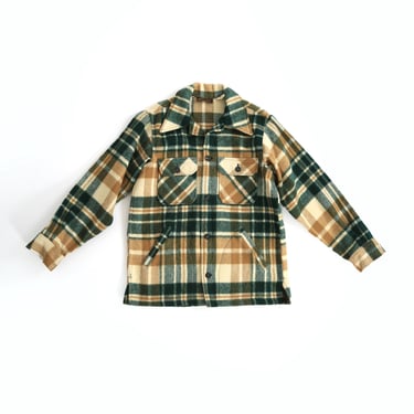 70s Eddie Bauer plaid coat  | Vintage 1970s green menswear green plaid wool shirt jacket 