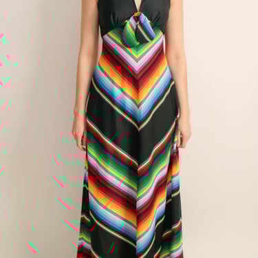 1970s Black Halter Maxi Dress with Multi-Coloured Rainbow Chevron Stripe Skirt