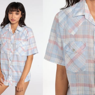 Pearl Snap Shirt Western Shirt Baby Blue Pink Plaid Shirt 80s Button Down up Vintage Short Sleeve Large 