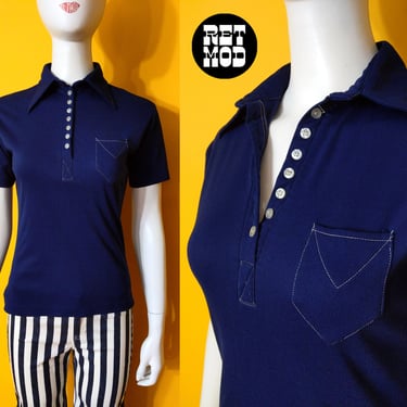 Sharp Vintage 60s 70s Navy Blue Collared Short Sleeve Top with Allll the Buttons 