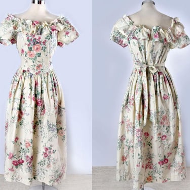 80's Floral Prairie Dress Ruffles, Cotton, Vintage Day Dress, Long Full Skirt Fit & Flare 1980's, 90's 