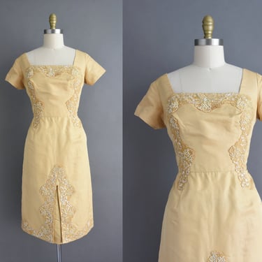 vintage 1950s | Gorgeous Golden Silk Bridesmaid Cocktail Party Wedding Dress | Medium 