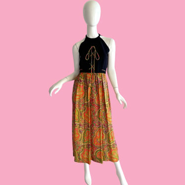 70s Vintage Donald Brooks Dress, Psychedelic Paisley Silk Halter Maxi Party Dress xs 