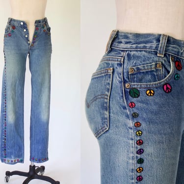 25” x 32” Early 1980s 501 Levis Made in USA Perfect Vintage Fade - Womens Button Fly 501s Hand Painted Peace Sign 