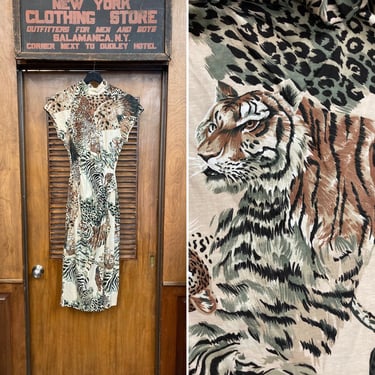 Vintage 1980’s Jungle Tiger Leopard Zebra New Wave, Cheongsam, Hostess Hawaiian Dress, Animal Print, Hawaiian dress, New Wave, Jungle Print, 