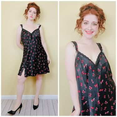 1990s Vintage Delicates Black and Red Slip Dress / 90s Lace Trim Plus Size Bow Print Mini / Size 1X 