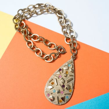 Fantastic Vintage 60s 70s Colorful Rhinestone Confetti Vibes Teardrop Pendant Necklace by Sarah Coventry 