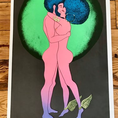 Velvet Screen Enterprises Print Black Light Poster Winged Love 1970s Afro Couple 