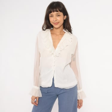Vintage Ruffle Neck Sheer Shirt / White Button Up | Smock Walker