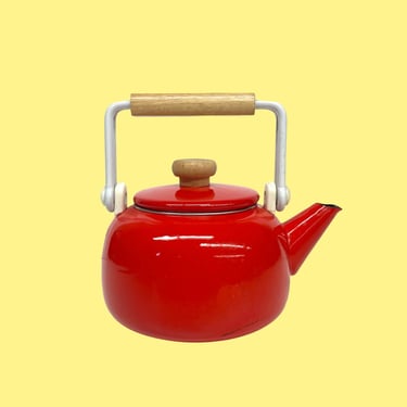 Vintage Tea Kettle Retro 1980s Contemporary + Bright Red + Enamelware + Wood Handles + Teapot + Home and Kitchen Decor 