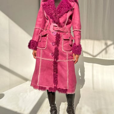 Pink Curly Shearling Long Paneled Coat (XS)