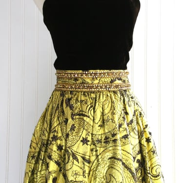 1960's - Strapless - Cocktail Gown - Party Dress - Chrtreuse - Metallic Brocade - Estimated size 4/6 