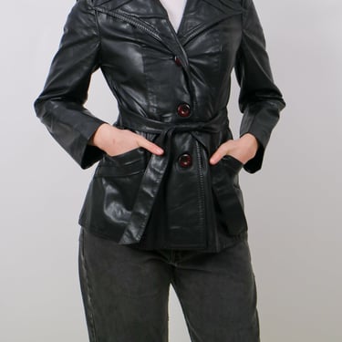 1990s Black Leather Western Style Button Front Jacket