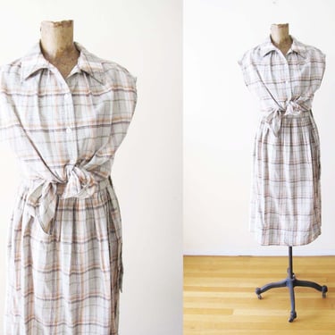 Vintage Plaid Co Ord Skirt and Blouse Set S M - 80s Neutral Beige Plaid Matching Top and Skirt Dress - Women Wrap Skirt and Button Up 