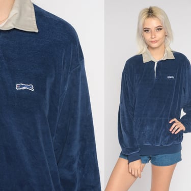 Velour Polo Sweatshirt 80s Blue Coyote Collared Pullover Long Sleeve Shirt Retro Button Up Top Stranger Things Sweater 1980s Hipster Large L 