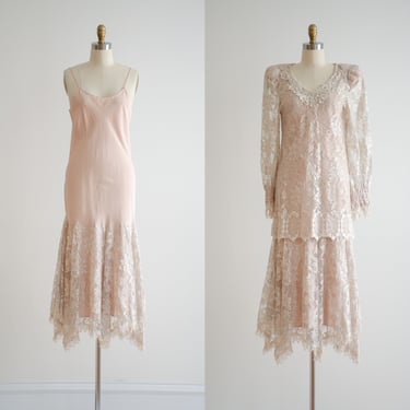 champagne lace dress 80s vintage Cachet Bari Protas blush pink 1920s style boho wedding dress 