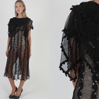 Sheer Black Crochet Deco Dress, Vintage See Through Gothic Maxi, Bohemian Gypsy Eyelet Dress 