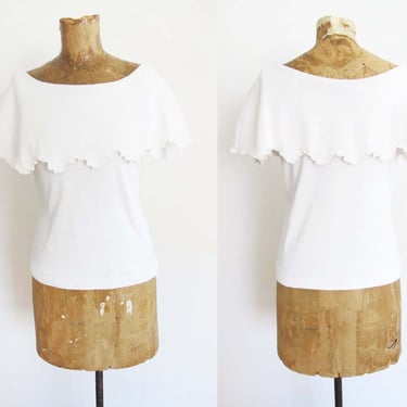Vintage 90s White Cotton Ribbed Shirt S Lettuce Frilly Bib - 1990s Ruffle Collar Knit Top - 2000s Y2K Top 