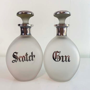 Vintage Mid-Century Set of 2 Decanters Barware Frosted Glass Gin Scotch Decanter Sterling Silver Mad Men Mid Century Old English MCM 1950s 