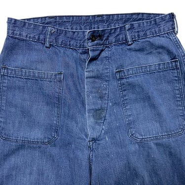 Vintage 1950s US Navy Selvedge Denim Bellbottom Jeans ~ 28.5 Waist ~ USN ~ Pants / Dungarees ~ Swaby's ~ Paint Splatter / Stencil / Named 
