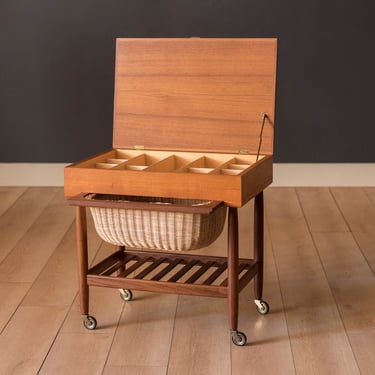 Danish Modern Rolling Teak Sewing Cabinet End Table by Ejvind A. Johansson 
