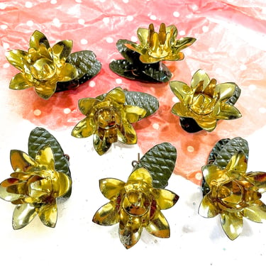 VINTAGE: 7pcs - West Germany Gold Metal Tin Flower Candle Clips - Candle Holders - Candle Ornaments - Pine Cone Clips - Christmas Tree Clips 