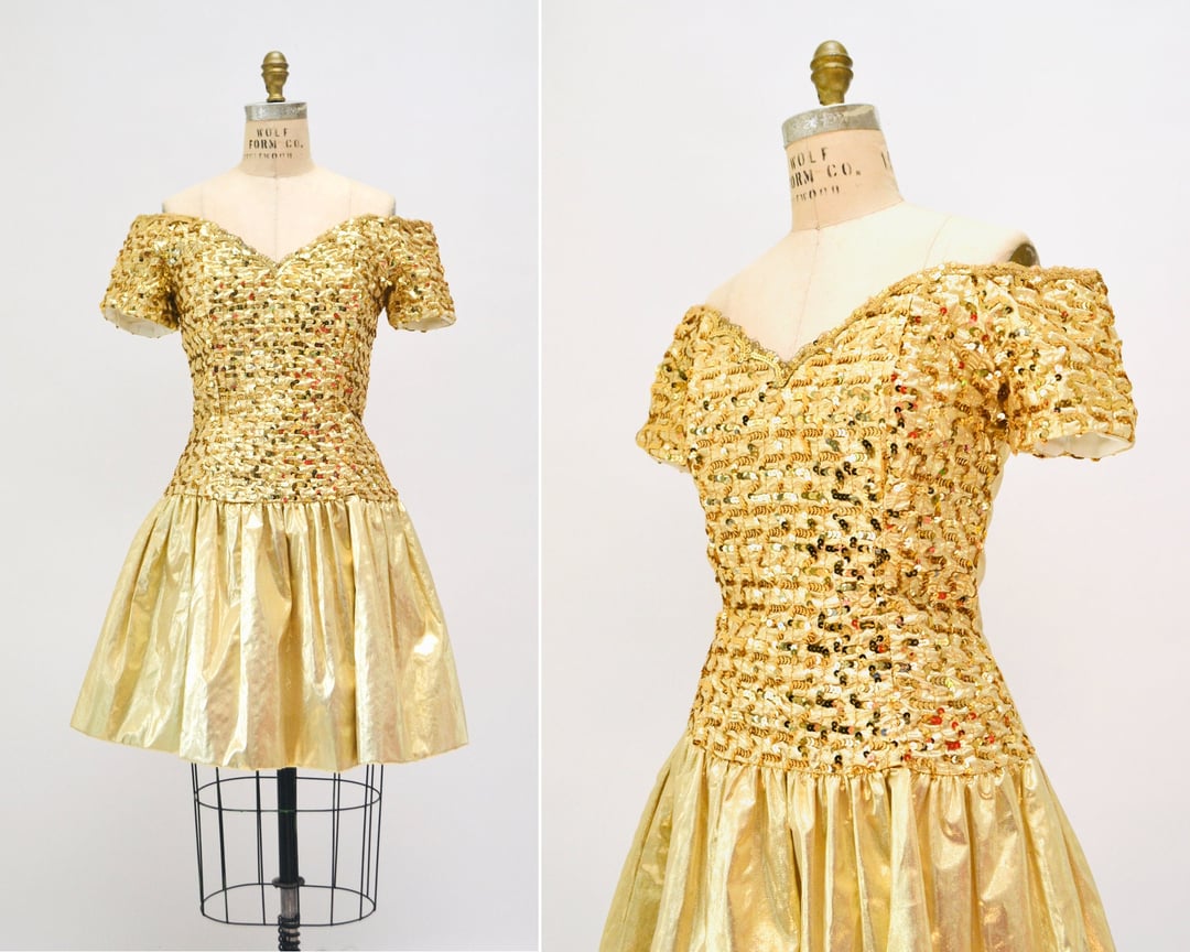 Gold Metallic 80s 90s Prom Party Dress Metallic Sequin Party | Hooked ...