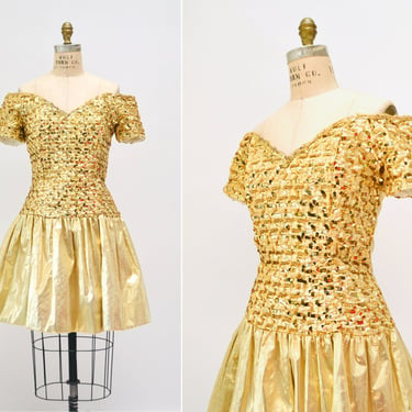Gold Metallic 80s 90s Prom Party Dress Metallic Sequin Party Dress Small Medium// 80s Vintage Gold Sequin Pageant Dress Jessica McClintock 