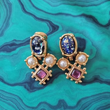 90s Gold-flecked Glass &amp; Pearl Etruscan Clip Earrings