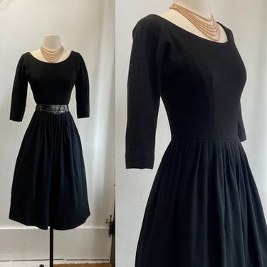 Vintage 50s CLASSY FIT FLARE Wool Dress / Wide Neckline + Bracelet Length Sleeves + Full Skirt  / Little Black Dress / Crinoline / I. Magnin 