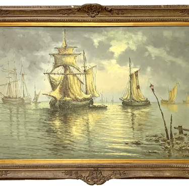 Antique Painting, Oil on Canvas, European, Signed, "Ships in Ind. Harbor", 1900s