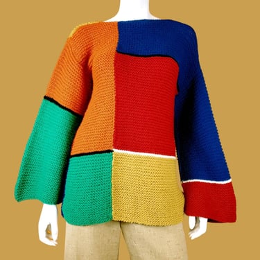 Handknit colorblock sweater from the 70s. Bell sleaves boat neck chunky knit. Mondrian. One of a kind (Size S) 